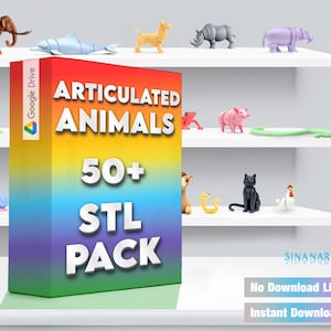May include: A colorful box with the text "Articulated Animals 50+ STL Pack" on it. The box is in front of a shelf with various 3D printed animal models, including a rhino, a hippopotamus, a snake, a cat, a chicken, and a frog. The text "No Download Limit" and "Instant Download" is visible on the bottom of the image.