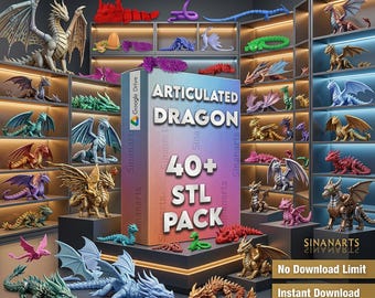 Puede incluir: Una colección de varias figuras de dragones articulados en múltiples colores y poses exhibidas en estantes y pedestales. Una caja central presenta el texto ARTICULATED DRAGON 40+ STL PACK, junto con la marca Google Drive y Sinanarts.