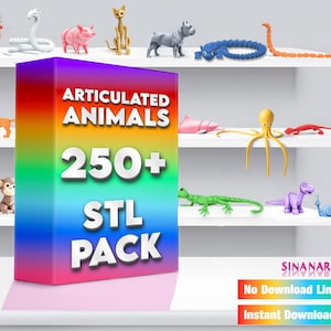 Op de afbeelding: Een kleurrijke doos met de tekst "Articulated Animals 250+ STL Pack" erop. De doos staat voor een plank met verschillende 3D-geprinte dierenmodellen, waaronder een haan, een slang, een varken, een giraffe, een hond, een octopus en een dinosaurus. De tekst "Sinanarts" staat op een banner onder de plank, met de tekst "No Download Limit" en "Instant Download" op banners eronder.
