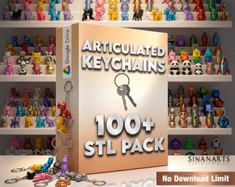 Può includere: Una scatola di prodotto digitale etichettata Articulated Keychains 100+ STL Pack con un logo Google Drive. La scatola è circondata da vari piccoli portachiavi articolati colorati a forma di animali e personaggi, con scaffali sullo sfondo.
