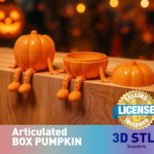 May include: Orange articulated pumpkin box with legs, open and closed, with a lid. The box is sitting on a wooden surface. The text "Articulated BOX PUMPKIN" and "3D STL" are visible.
