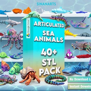 Puede incluir: Una colección de figuras de animales marinos articulados impresas en 3D, incluyendo tiburones, pulpos, caballitos de mar y crustáceos. Una caja cian central muestra el texto SINANARTS, ARTICULATED SEA ANIMALS, 40+ STL PACK, Google Drive, No Download Limit, Instant Download.
