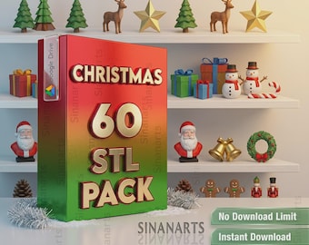 May include: A rectangular box with a red-to-green gradient finish featuring the gold text CHRISTMAS 60 STL PACK. A Google Drive icon is attached to the top left. The box sits in front of shelves displaying various holiday-themed 3D figurines.