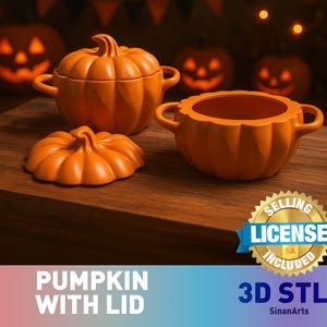 Può includere: Ciotola in ceramica arancione a forma di zucca con coperchio e manici, perfetta per Halloween. Il coperchio è staccato, rivelando l'interno. Il testo "PUMPKIN WITH LID" e "3D STL" è visibile.