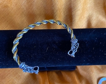 Viking Double Dragon Head Braided Cuff Bracelet. 2 tone