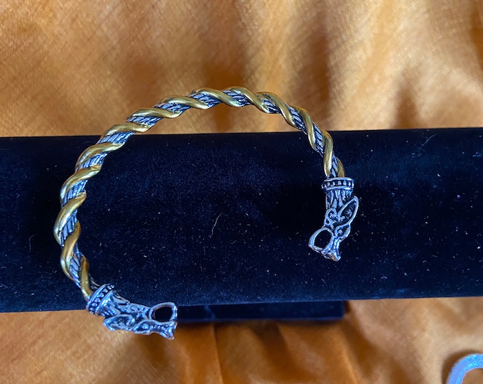 Viking Double Dragon Head Braided Cuff Bracelet. 2 tone