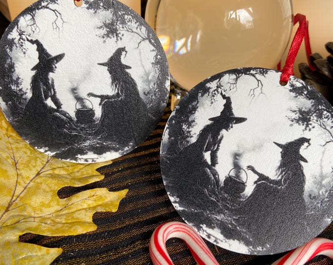 Two Witches & A Cauldron Ornament or Mini Disque