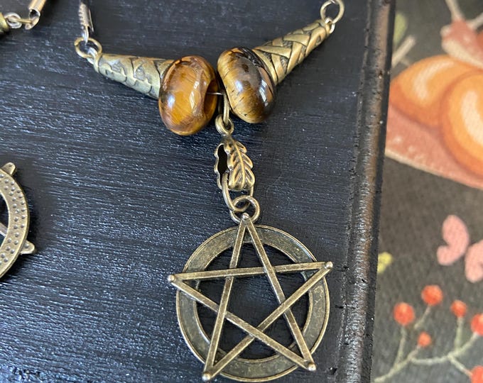 HAND MADE: Antiqued Brass Pentangle Tiger Eye PENDENT