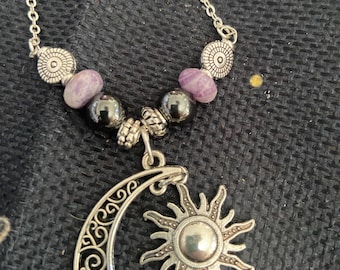 Crescent Moon & the Sun CUSTOM HANDMADE PENDANT with Precious Stones in Silver