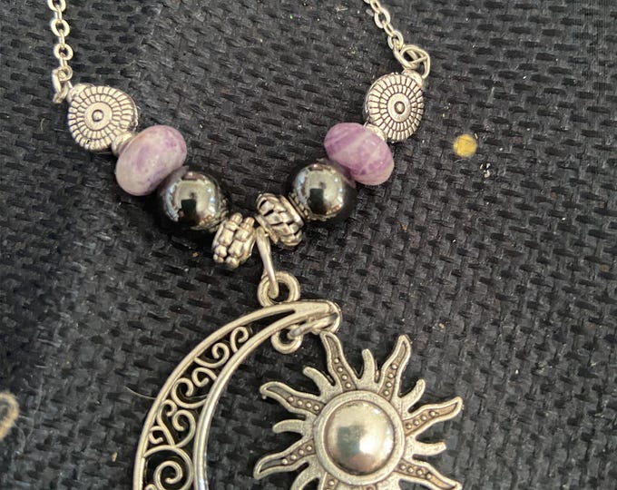 Crescent Moon & the Sun CUSTOM HANDMADE PENDANT with Precious Stones in Silver