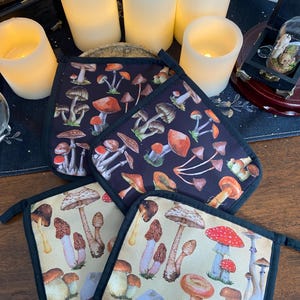 May include: A collection of four square pot holders with black trim. Two pot holders feature a dark background with various mushroom illustrations in shades of brown, red, and white. The other two have a tan background with mushroom illustrations.
