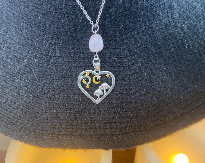 BEAUTIFUL MUSHROOM HEART, Stars & Rose Quartz Pendant