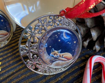 The Fox & The Crescent Moon Ornament or Mini Plaque