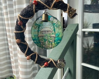 Pagan Crescent MOON SPELL WREATH & Mushroom Sun Catcher