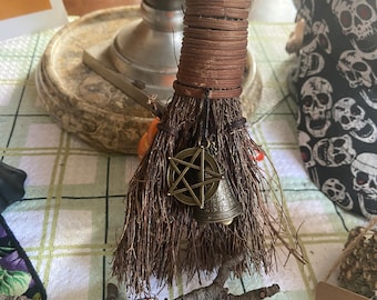 CINNAMON BROOMS with Protective Brass Witches Bells & Pentacle or Pentacle with moons