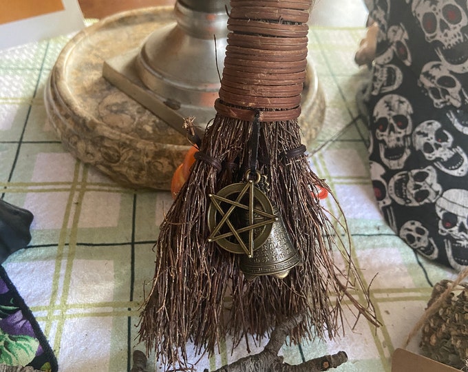 CINNAMON BROOMS with Protective Brass Witches Bells & Pentacle or Pentacle with moons