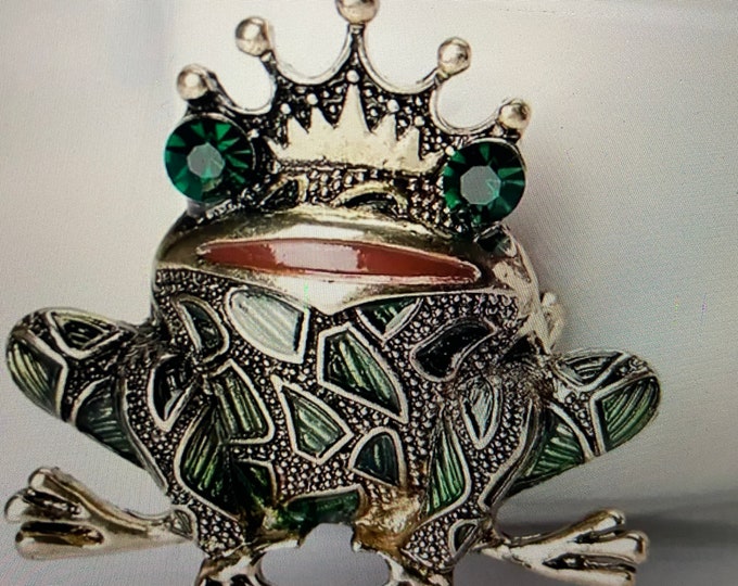 JUST KISS this FROG:  Green Jeweled Frog Prince Brooch