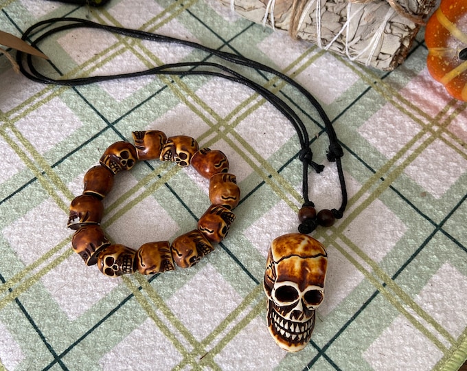 Bone Head SKULL PENDENT & Bracelet SET