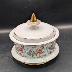 Florentine Italy Porcelain Lidded Jar Urn Bowl Cannister - Floral w/ Gold Trim