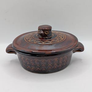 Vintage Hall Art Pottery Brown Ceramic Stoneware Handled & Lidded Bowl Bean Pot