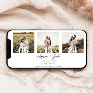 電子版 Save The Date テンプレート 写真コラージュ | 写真付きデジタル Save The Date 招待状 | スマートフォン Save The Date デジタル ダウンロード | A1