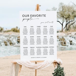 May include: A white wedding seating chart with black text. The chart is titled "Our Favorite People" and lists table numbers from one to fifteen. The chart is on an easel in front of a waterfall and a sandy area.