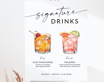 Wedding Bar Sign, Signature Drink Sign, Signature Cocktail Sign, Wedding Drink Bar Sign, Bride and Groom, His and Her Drinks, Editable, S2