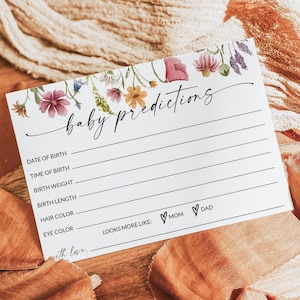 Baby voorspellingen kaart, Wildflower baby shower spel, baby shower voorspellingen, baby shower advies en wensen kaart, bewerkbare sjabloon, F1