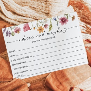 Cartão de conselhos para chá de bebê, jogo de chá de bebê de flores silvestres para impressão, conselhos para os futuros pais, conselhos e desejos, modelo editável, F1
