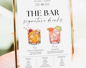 Signature Drink Sign, Wedding Signature Cocktail Sign, Wedding Signage, Wedding Bar Sign, His and Her Drinks, Wedding Bar Menu, Editable, S2