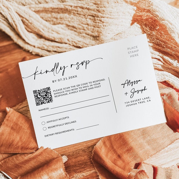 QR Code RSVP Postcard | Qr Code Rsvp | Qr Code Wedding | Rsvp Qr Code Card | Modern Rsvp Qr Code | Simple Rsvp | Editable Template | A1