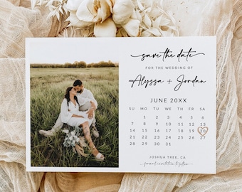 Modèle de calendrier minimaliste Save The Date avec photo | Boho Save The Date Téléchargement numérique | Modèle moderne de sauvegarde de la date | Modifiable | A1