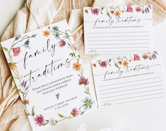 Family Traditions Sign and Card, Wildflower Baby Shower Game, Baby Shower Advice Card, Baby Predictions, Advice and Wishes, Editable, F1