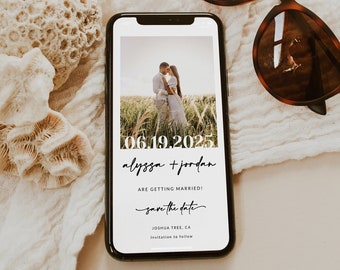 May include: A save the date card on a smartphone screen with a photo of a couple in a field. The text reads "06.19.2025 alyssa + jordan are getting married! save the date Joshua Tree, CA Invitation to follow"