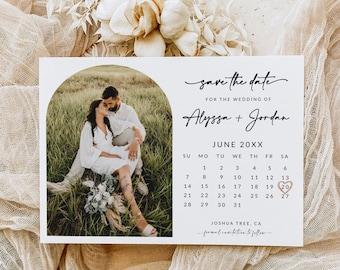 Calendar Save The Date Template with Photo Arch | Boho Save The Date Digital Download | Minimalist Save The Date Template | Editable | A1