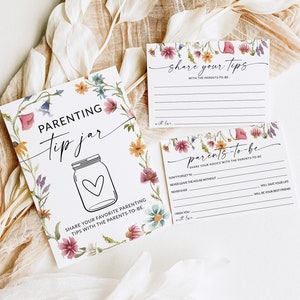 Teken- en advieskaart voor ouderschapstippot voor aanstaande ouders, babyshowerspel wilde bloemen, kaart babyvoorspelling, bewerkbare sjabloon, F1