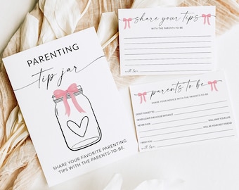 Parenting Tip Jar Sign and Advice Cards Pink Bows | Baby Shower Games Girl | Parents To Be Advice Cards | Baby Shower Advice | Editable | D1