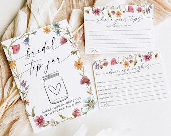 Bridal Shower Advice Tip Jar Sign and Cards, Wildflower Bridal Shower Game, Advice for the Bride and Groom, Mr and Mrs, Editable Template F1