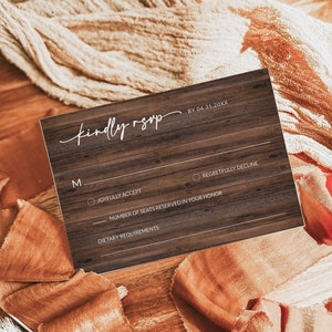 Carte RSVP rustique | Carte Rsvp Country Barn pour mariage | Modèle de Rsvp en bois | postale Rsvp | Modèle de mariage modifiable | C1