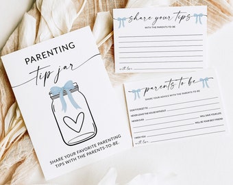 Parenting Tip Jar Sign and Advice Cards Blue Bow | Baby Shower Games Boy | Baby Shower Advice Cards | Advice for Parents | Editable | D2