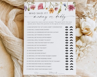 Op de afbeelding: Een printbaar babyshower-spel met een bloemenontwerp. Het spel heet "Wie zei het? Mama of Papa?" en stelt 17 vragen aan de aanstaande ouders. De antwoorden moeten worden gemarkeerd met een cirkel of een snor.