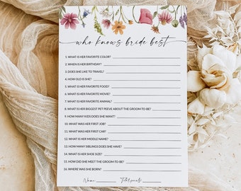 Who Knows The Bride Best, Wildflower Bridal Shower Game, How Well Do You Know The Bride, Wedding Shower Game, Editable Template, F1