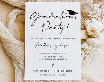 May include: A white graduation party invitation with black script. The text reads "Graduation Party!" with the graduate's name and party details. A graduation cap graphic is at the top. The invitation is on a neutral background.