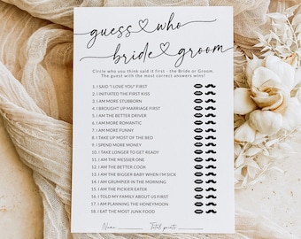 Guess Who Bride or Groom Game | Bridal Shower Games | Guess Who Said It | He Said She Said Game Card | Wedding Game | Editable Template | S1