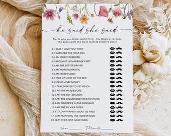 He Said She Said Wildflower Bridal Shower Game | Guess Who Said It | Bride or Groom Game | Wedding Shower Game | Editable Template | F1