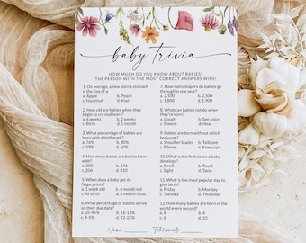 Baby Trivia Game Wildflower, Floral Baby Shower Trivia, Trivia Question, Trivia Game Template, Baby Shower Game Printable, Editable, F1