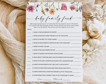 Baby Shower Family Feud, Wildflower Baby Shower Games Printable, Floral Baby Family Feud, Baby Sprinkle Game, Editable Template, F1