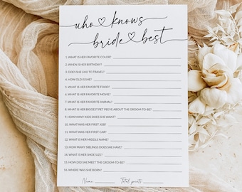 Who Knows The Bride Best Game | How Well Do You Know The Bride Game | Bridal Shower Game Printable | Bride Trivia |  | Editable Template, S1