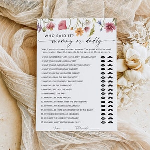 Mommy or Daddy Game, Wildflower Baby Shower Games, Guess Who Said It Mommy or Daddy, Mom Or Dad Game, Guess Who Game, Editable Template, F1