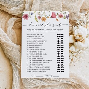Puede incluir: Un juego imprimible de "&Eacute;l dijo, ella dijo" para una despedida de soltera o una fiesta de bodas. El juego presenta una lista de 18 preguntas sobre la pareja, con un espacio para que los invitados puedan marcar qui&eacute;n creen que lo dijo primero. El juego est&aacute; decorado con un borde floral.